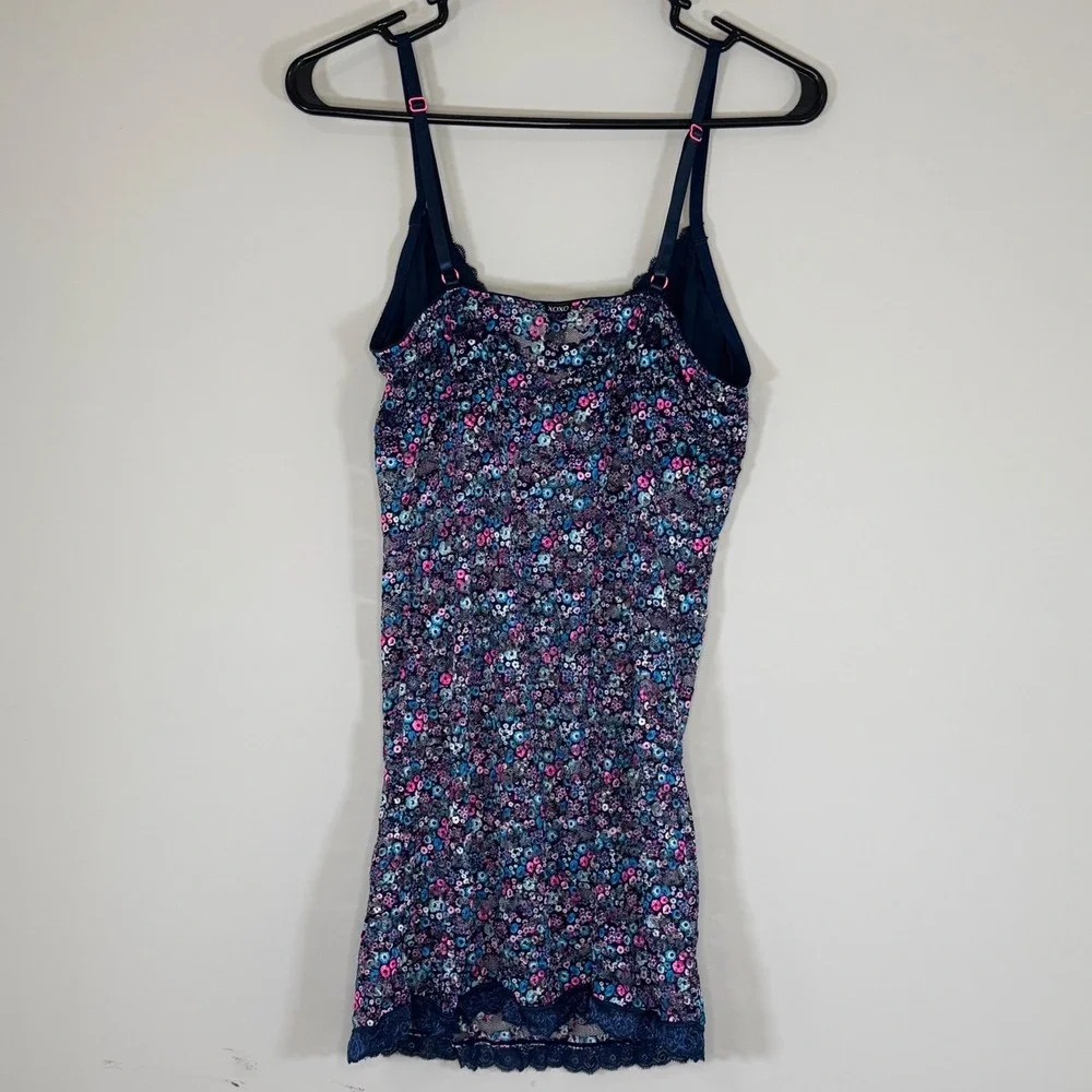 XOXO Y2K Blue Floral Print Sleeveless Lace Trim V-Neck‎ Cami Slip Mini Dress L